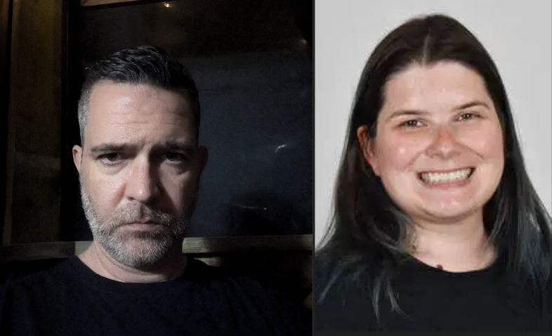 Two headshots. On the left, a selfie with someone staring straight at the camera. On the right, the individual smiles at the camera.