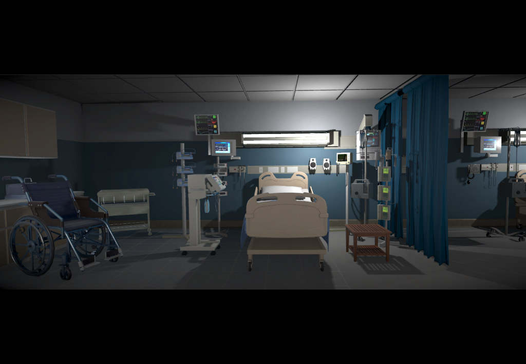 Image of a hospital room. The bed is in the centre with a curtain to the right and a wheelchair to the left. There are many medical devices in the room.