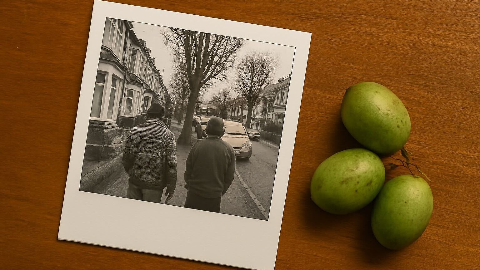 A polaroid photo os two people walking down a street and three green fruits on a wooden surface.