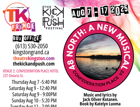 Poster for '48 North: A New Musical' in TK Fringe. Poster includes the location, some dates and times, title, TK Fringe logo, The Kick & Push logo, box office phone number and web page, and a small blurb about the show.