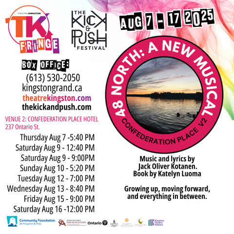Poster for '48 North: A New Musical' in TK Fringe. Poster includes the location, dates and times, title, TK Fringe logo, The Kick & Push logo, box office phone number and web page, and a small blurb about the show.