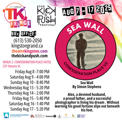 Poster for 'Sea Wall' in TK Fringe. Poster includes the location, dates and times, title, TK Fringe logo, The Kick & Push logo, box office phone number and web page, and a small blurb about the show.