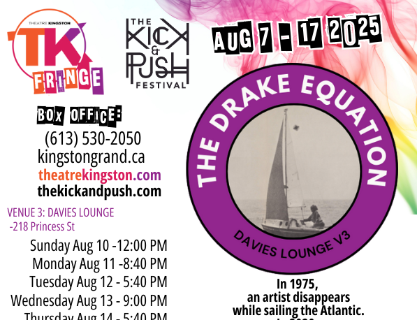 Poster for 'The Drake Equation' in TK Fringe. Poster includes the location, some dates and times, title, TK Fringe logo, The Kick & Push logo, box office phone number and web page, and a small blurb about the show.