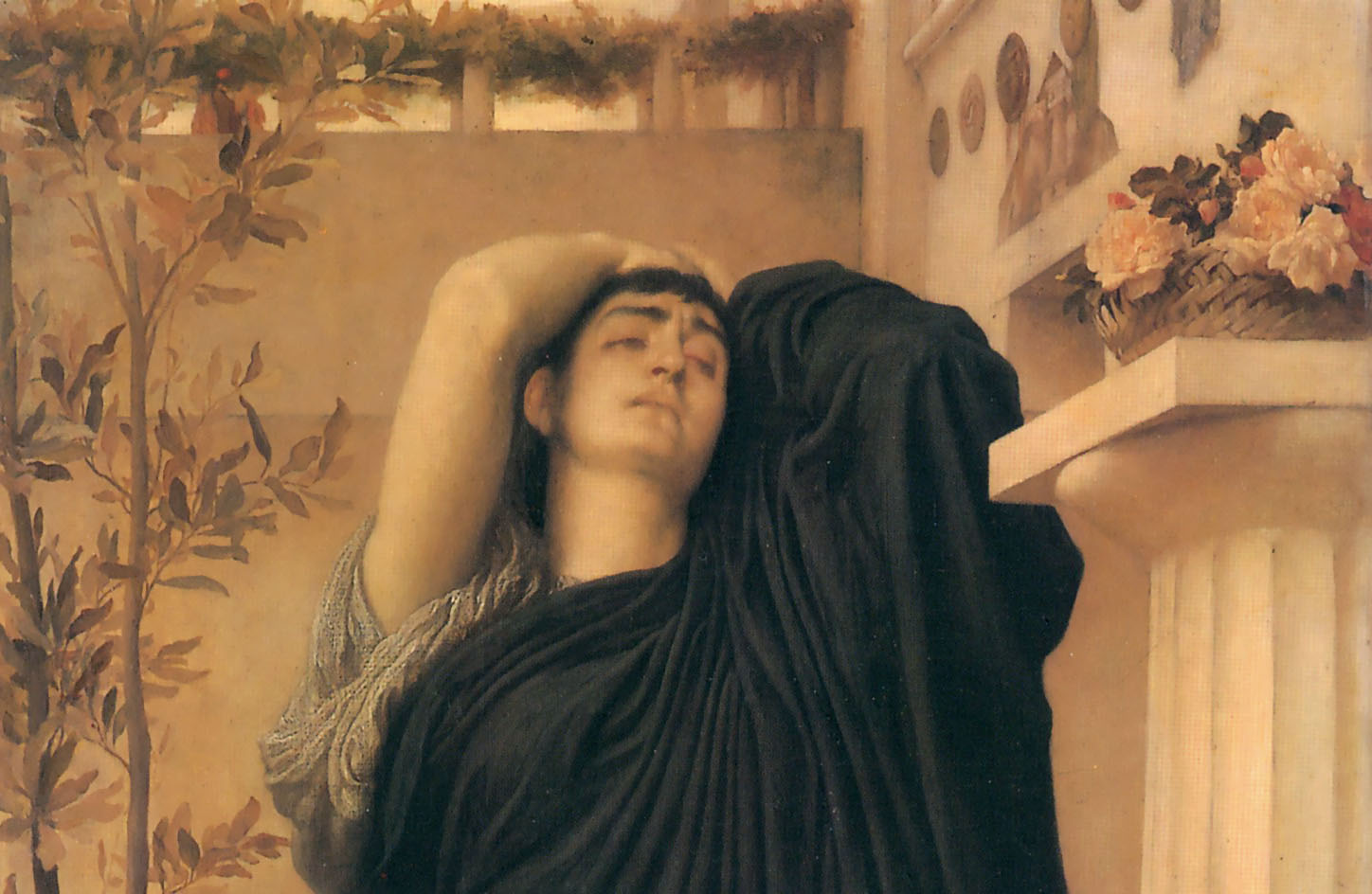 Electra sorrowfully leans against a tomb in a robe.