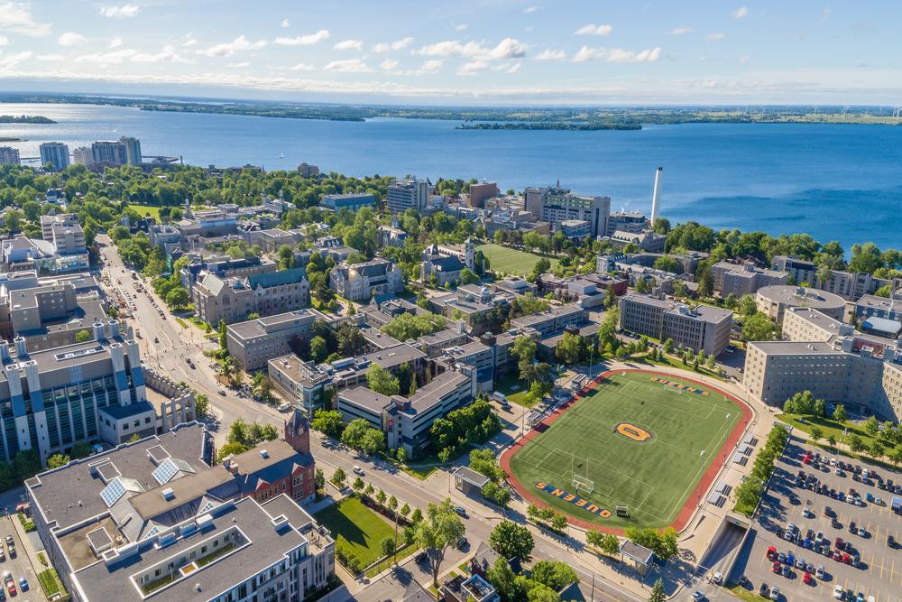 Drone photograph of Queen's campus, Lake Ontario on horizon