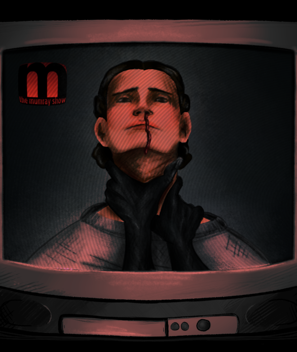 Drawing of a person on a tube television screen with a nosebleed. They look upward as two hands wrap around their neck.