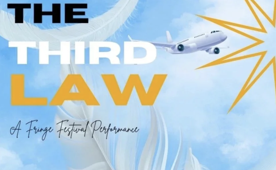 Graphic of a plane flying into a yellow explosion, set against a blue sky with floating white feathers.