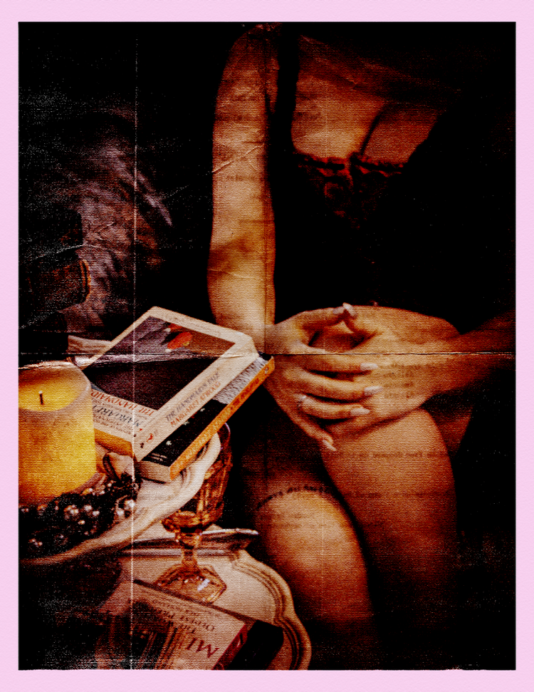 a faded aged image of the body of a woman with her legs crossed. Books on a table.