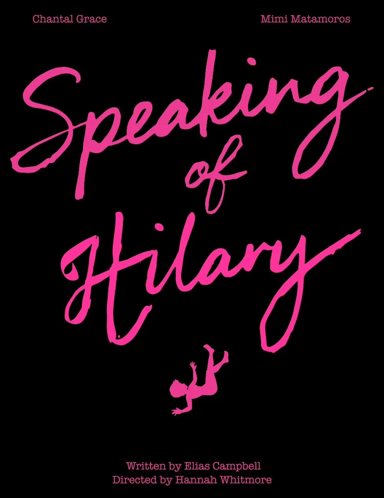 Black background with hot pink text "Speaking of Hilary"