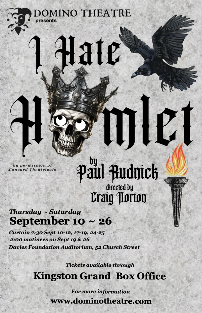 A poster promoting Domino Theatre's "I Hate Hamlet," with a drawing of a skull wearing a crown, a torch, and a raven.
