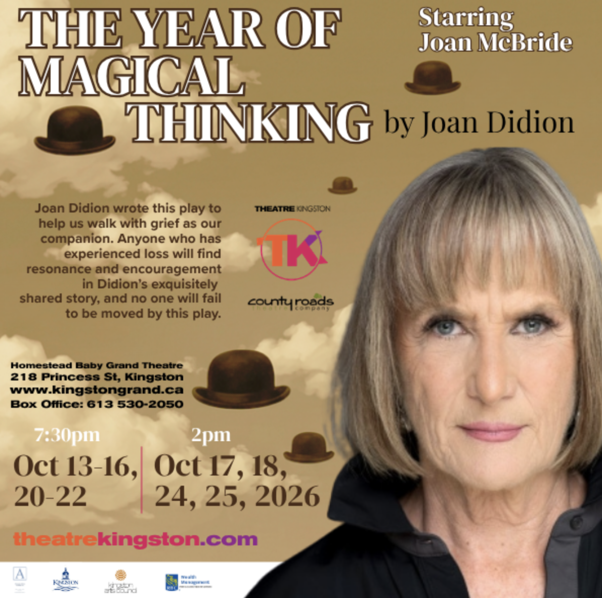 A woman stares into the camera alongside a graphic with the show's title and information about showtimes.
