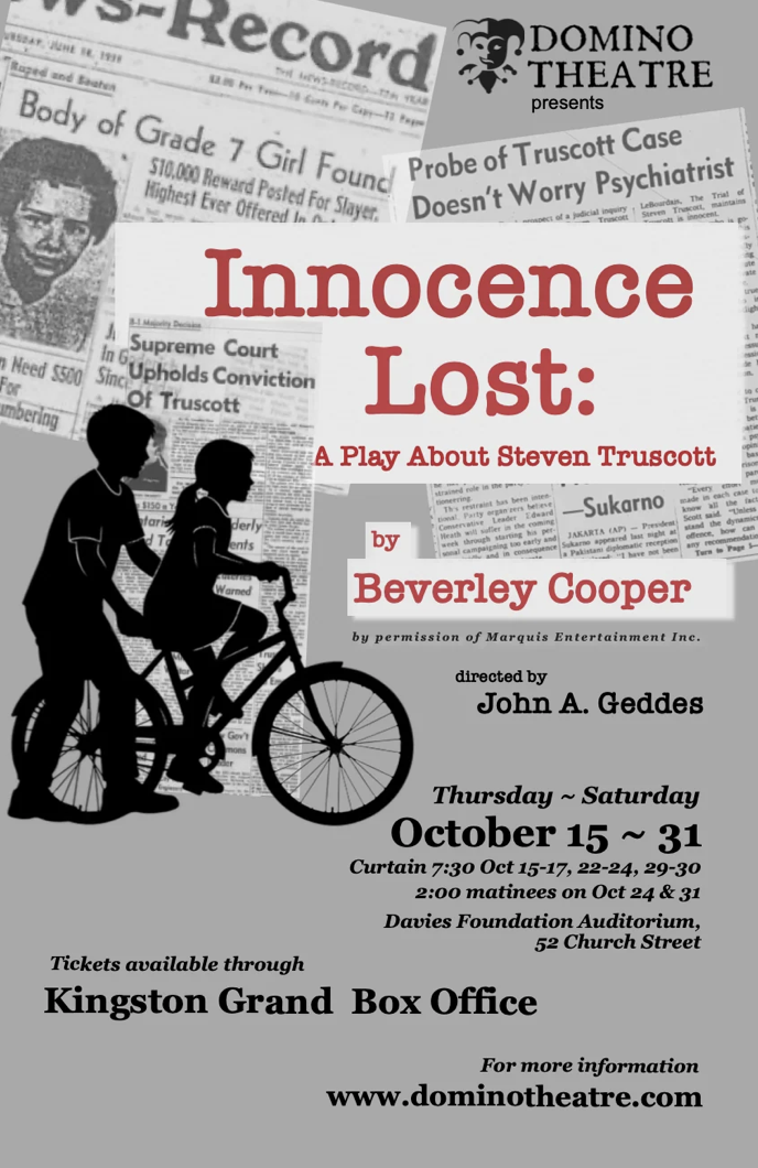 A silhouette of two adolescents with bicycles superimposed on top of news headlines with information about the show to the right.