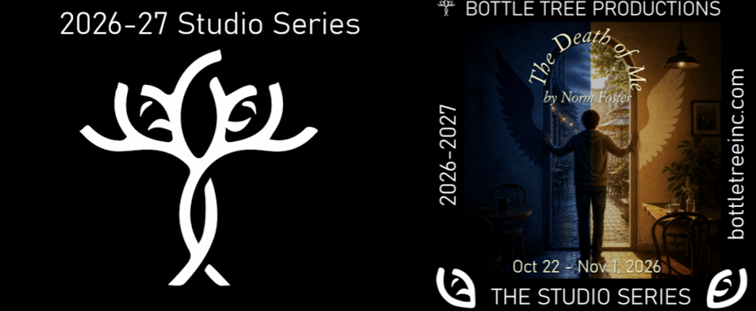A man stands facing away from the viewer suspended between two paths: one blue and full of darkness, and one golden and full of light. The Bottle Tree Productions logo in white stands out against black to his left.