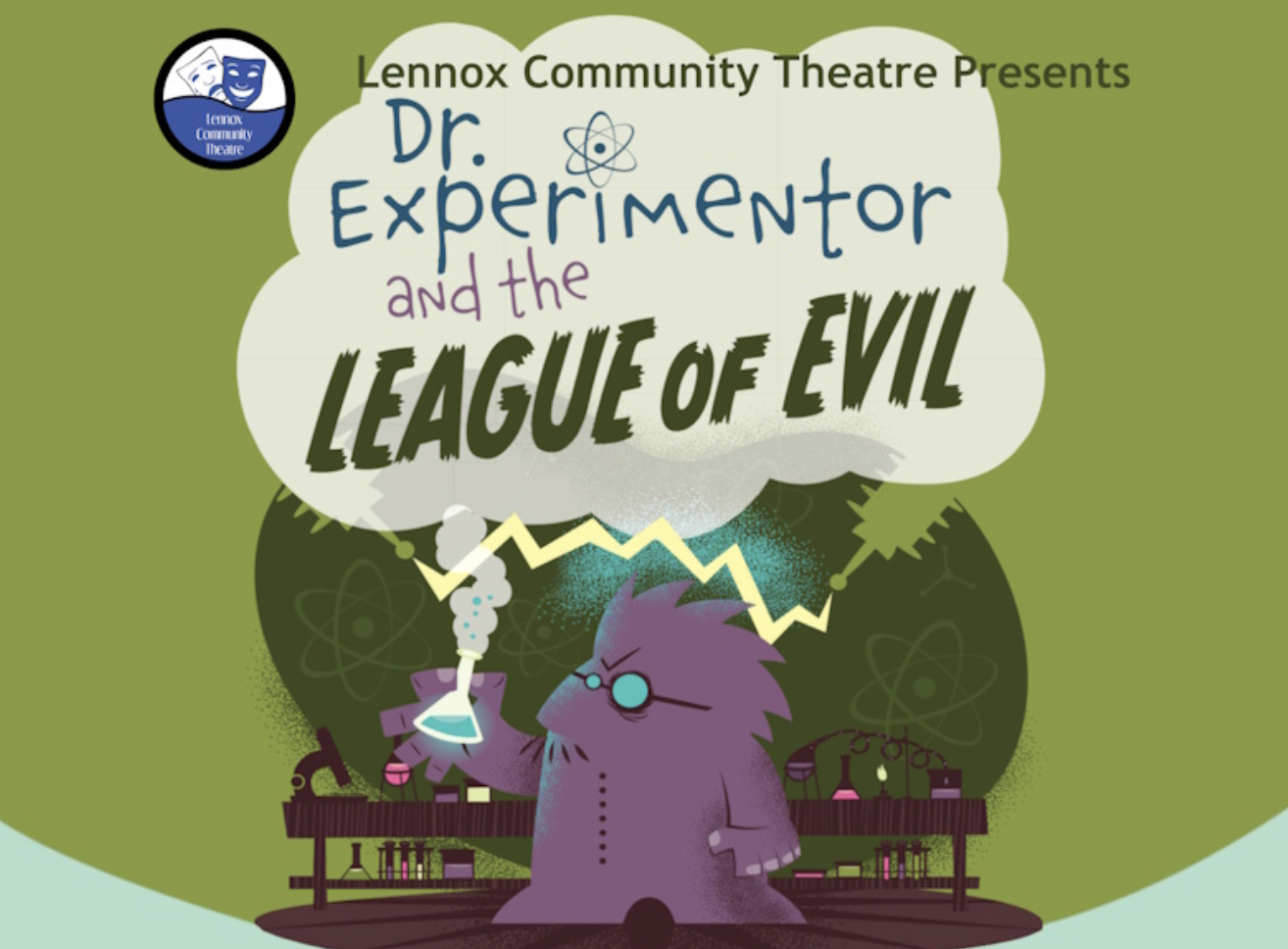A cartoonish, purple-coloured scientist brandishes a beaker full of electricity below a text bubble with the show's title, "Dr. Experimentor and the League of Evil."