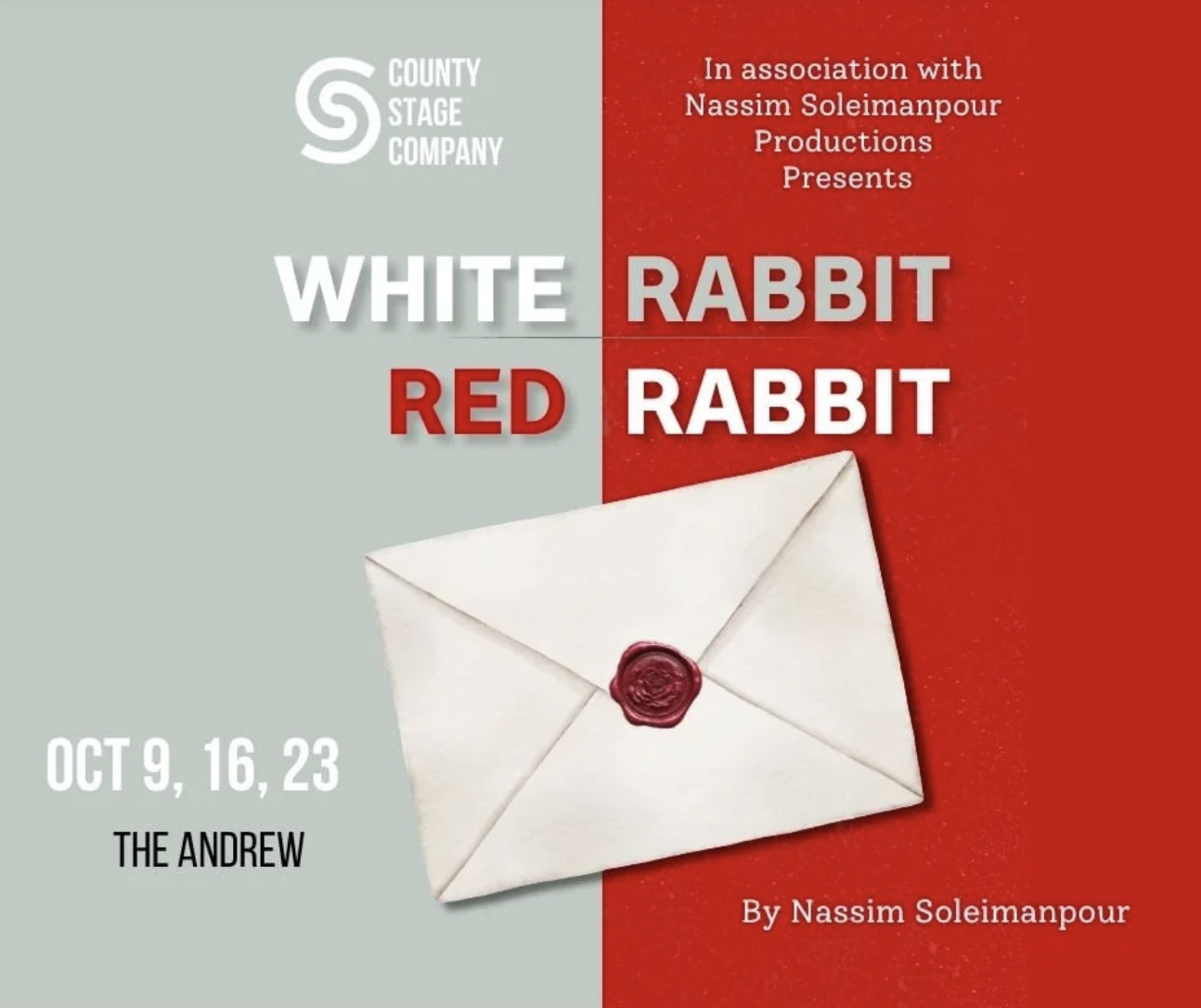 A white envelope sealed with a red stamp below text saying "White Rabbit Red Rabbit," surrounded by text detailing the performance date and times, and the venue.