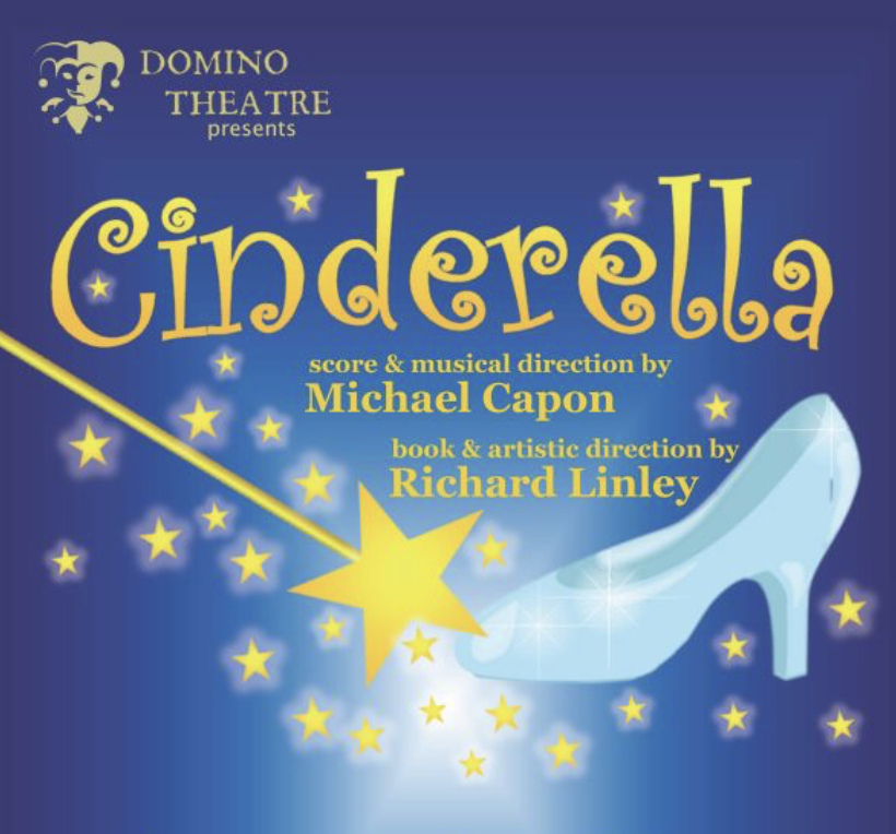 A graphic for Domino Theatre's Cinderella with a star wand touching a glass slipper against a blue background.