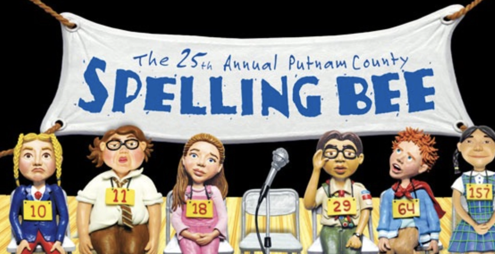 A cartoon image depicts schoolchildren sitting in a row beside a microphone under a painted banner with the show's title.