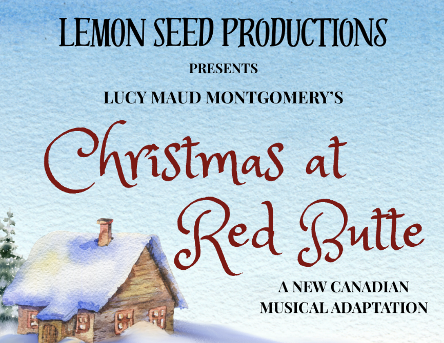 Information including the production company, show name, and author are written in black and red font on a blue background, next to an illustration of a cabin covered in snow.